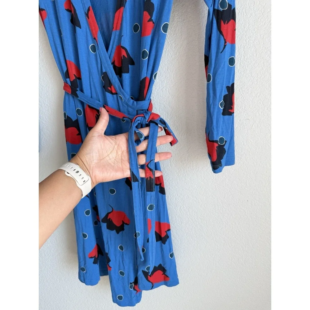Boden Retro‎ Blue Red Poppy Bloom Floral Jersey Knit Wrap Dress Size 4P Preppy
